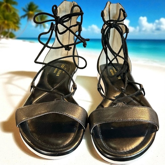 NWOT Cole Haan Grand-OS Black & White Leather Lace-Up Gladiator Sandals Size 5.5 - Picture 6 of 12